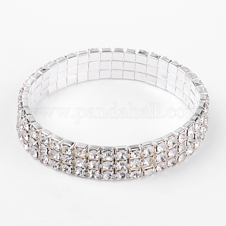 ガールフレンドの結婚式のダイヤモンドのブレスレットのバレンタインのアイデア  3行ストレッチラインストーンブレスレット  真鍮  銀色のメッキ  約11 mm幅  5センチ内径 B115-3-1