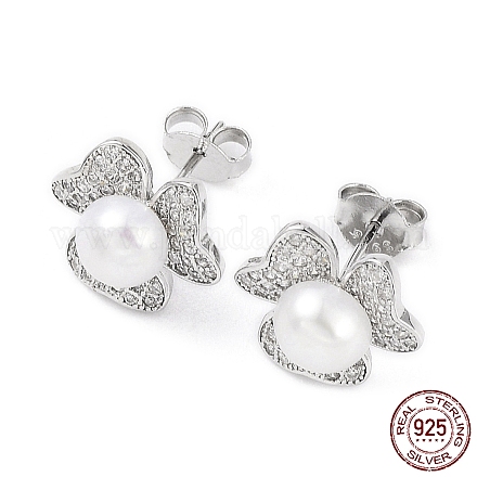 Pendientes de flor de circonita cúbica con perlas naturales. EJEW-F318-07P-1