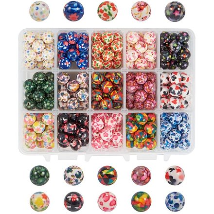PandaHall Elite 270 pcs 10mm Round Colorful Resin Beads with Holes Pattern For Jewelry Making RESI-PH0001-03-1