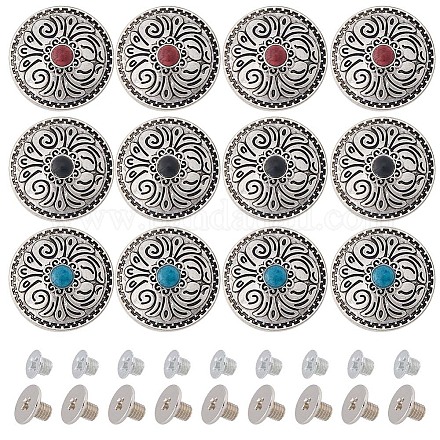 GORGECRAFT 1 Box 12PCS Screw Back Buttons 3 Colors 1 Inch Turquoise Coin Navajo Concho Buttons Cat Eye Engraved Metal Buttons Replacement Vintage Flower Pattern Alloy Buckle for DIY Leather Craft FIND-GF0004-81-1