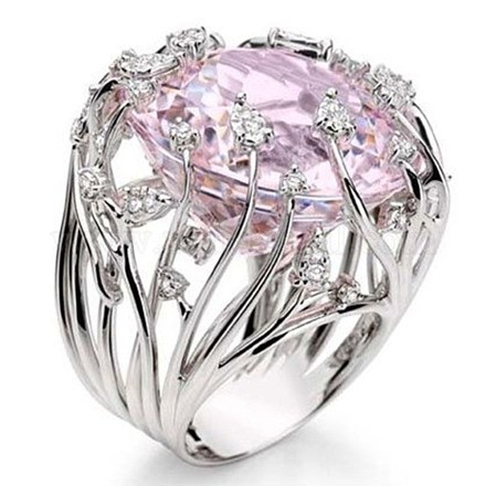 ガラス指指輪  真鍮の葉の枝のパーツと  ダイヤモンド  ピンク  プラチナ  usサイズ7（17.3mm） RJEW-BB64515-E-1