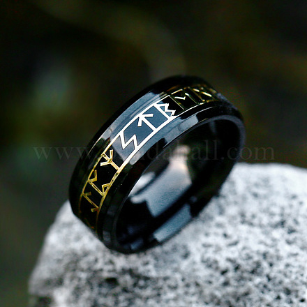 チタン鋼の言葉の指輪  ルーン文字オーディン北欧バイキングお守りジュエリー  電気泳動黒  usサイズ12（21.4mm） FIND-PW0020-12F-EB-1
