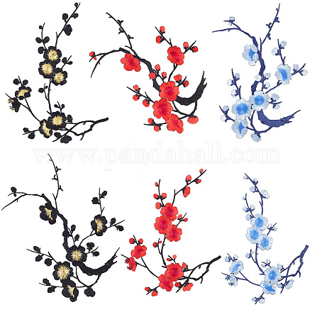 Gorgecraft 6 個梅の花のアイロンパッチ刺繍花のアップリケトリミング花柄生地ステッカー縫う布修理パッチジーンズ服 diy クラフト縫製コスチュームアクセサリー赤、黒、青 PATC-GF0001-07-1