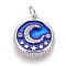 Brass Micro Pave Cubic Zirconia Pendants, with Enamel, Flat Round with Moon and Star, Platinum, Blue, 18x16.5x2mm, Hole: 3.5mm