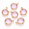 K9 Glass Charms, Flat Round, with Brass Findings, Faceted, Real 18K Gold Plated, Pearl Pink, 13.5~14x10.5~11x3.5~4mm, Hole: 1.8mm