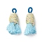 Cotton Tassel Pendants, with Polyester, Light Cyan, 32~37x11~12mm, Hole: 2x4.5mm