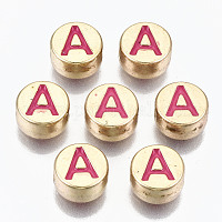 Transparent Pink Acrylic Beads, Horizontal Hole, Mixed Letters, Flat Round  with White Letter, 7x4mm, Hole: 1.5mm, 100pcs/Bag