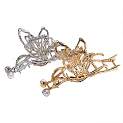 2 Stück Haarspangen aus Metall in 2 Farben., Schmetterling, Haarschmuck für Frauen und Mädchen, mit Glaswachsperlen, Platin & golden, 115x65 mm, 1 Stück / Farbe
