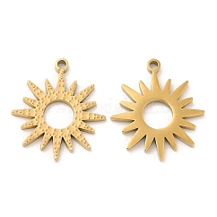 Colgantes de acero inoxidable quirúrgico 316L con revestimiento iónico (IP), sin níquel, encanto del sol, real 18k chapado en oro, 16x14.5x1mm, agujero: 1 mm