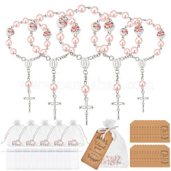 50 bracciale rosario con ciondolo a croce vergine in metallo con maglie rotonde in porcellana e perle finte in plastica&nbsp;BJEW-WA0001-07B