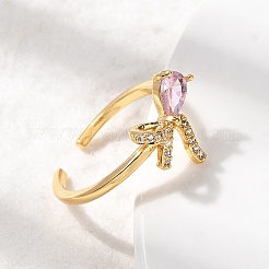 Manschettenringe aus Messing mit rosa und klaren Zirkonia-Steinen&nbsp;RJEW-P173-01G-02