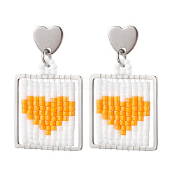 Pendientes colgantes de corazón con cuentas de vidrio cuadradas hechos a mano&nbsp;EJEW-MZ00559-04