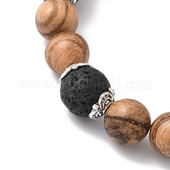 3 bracciale elastico con perline rotonde in legno naturale e pietra lavica di 3 colori&nbsp;BJEW-JB12353