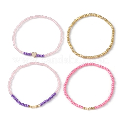 4 Stück 4-teiliges Stretch-Armband-Set aus Messingherzen und Glassamenperlen&nbsp;BJEW-JB09537