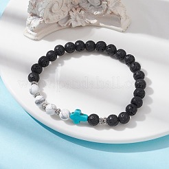 Kreuzförmiges Stretch-Armband mit Perlen aus synthetischem Türkis&nbsp;BJEW-JB09765-02