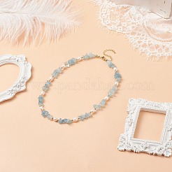 Scaglie di acquamarina naturale e collana con perline di perle&nbsp;NJEW-JN04008-04