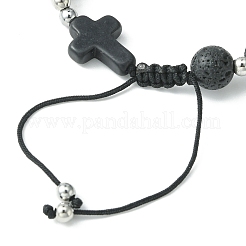 Braccialetti con perline intrecciate rotonde e incrociate in pietra lavica naturale&nbsp;BJEW-TA00321-01