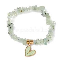 Thème de la Saint-Valentin en alliage et acrylique pierre de lune arc-en-ciel naturelle/jade citron/préhnite/quartz rose/pierre de soleil bracelet extensible avec breloque en forme de cœur&nbsp;BJEW-JB09579