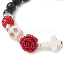 Halloween gefärbte und erhitzte Stretch-Armbänder aus natürlichem schwarzem Onyx und synthetischen Türkisperlen für Frauen&nbsp;BJEW-TA00665