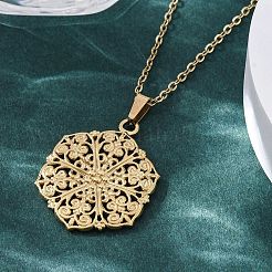 Sechseckige Blume 304 Edelstahl Anhänger Halsketten&nbsp;NJEW-M096-36G