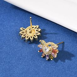 Pendientes de botón con forma de sol y circonitas cúbicas micropavé de latón&nbsp;EJEW-F400-10G