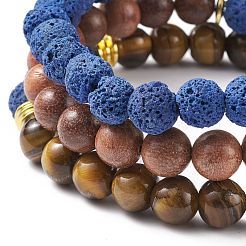 3 pièces 3 bracelets extensibles en pierre mélangée naturelle et synthétique de style sertis de perles de bois pour les femmes&nbsp;BJEW-JB08356