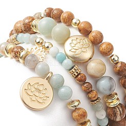 Natürliche Blumen-Amazonit- und Bild-Jaspis-Stretch-Armbandsets mit nichtmagnetischem synthetischem Hämatit&nbsp;BJEW-JB09280