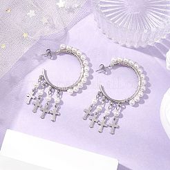 Boucles d'oreilles pendantes en forme de croix avec nacre et perle&nbsp;EJEW-JE06185-02