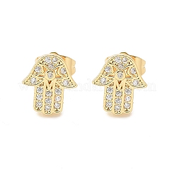 Ohrstecker aus Messing mit Hamsa-Hand und Mikropflaster aus klarem Zirkonia&nbsp;EJEW-D305-03G