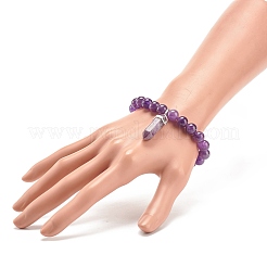 Bracciale elasticizzato con perline tonde in ametista naturale con ciondolo a forma di proiettile&nbsp;BJEW-JB08310-03