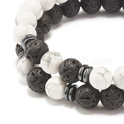 Braccialetti elastici con perline rotondi in pietra lavica e howlite in stile 2pz 2 con ematite sintetica&nbsp;BJEW-JB07581