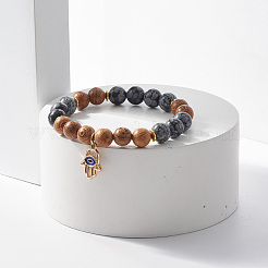Bracelet extensible perlé en bois de wengé naturel et pierres précieuses avec main hamsa avec charme mauvais œil&nbsp;BJEW-JB07819