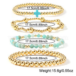 4 Stück 4 Stile natürliche Amazonit & Messing runde Perlen Stretch-Armband-Set für Frauen&nbsp;AK5902-5