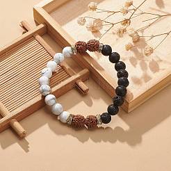 Bracelet extensible en perles rondes naturelles rudraksha & howlite & pierre de lave&nbsp;BJEW-JB09017