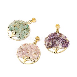 Natural Mixed Gemstone Chips European Dangle Charms, Large Hole Pendant, with Golden Plated Alloy Findings, Flat Round with Tree of Life, 54mm, Pendant: 42.5x39x5mm, Hole: 4.8mm