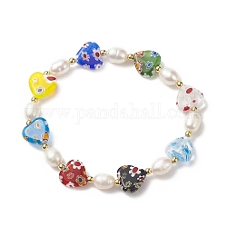 Millefiori Glass Heart & Natural Pearl Beaded Stretch Bracelet for Women, Colorful, Inner Diameter: 2-1/8 inch(5.5cm)