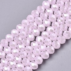 Abalorios de vidrio electroplate hebras, cuentas de jade de imitación, lustre de la perla chapado, facetados, rerondana plana, rosa, 8x6mm, agujero: 1 mm, aproximamente 68~70 pcs / cadena, 16 pulgada (40 cm)