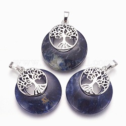 Natural Sodalite Pendants, with Platinum Tone Brass Findings, Flat Round with Tree of Life, 32.5~33x27.5~28x5~6mm, Hole: 5x7mm