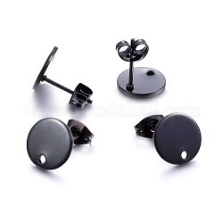 304 Stainless Steel Stud Earring Findings, with Loop and Flat Plate, Ear Nuts/Earring Backs, Flat Round, Electrophoresis Black, 8x1mm, Hole: 1.2mm, Pin: 0.8mm
