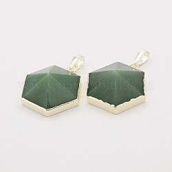 Natural Green Aventurine Gemstone Hexagon Pendants, with Silver Plated Brass Finding, 30x29x12mm, Hole: 5x8mm