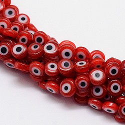 Handmade bösen Blick lampwork flache runde Perle Stränge, rot, 6x3 mm, Bohrung: 1 mm, ca. 65 Stk. / Strang, 14 Zoll