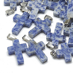 Natürlicher Jaspisanhänger mit blauem Fleck, mit Schnappverschlüssen aus Edelstahl, Kreuz, 29~30x18~19x5~6 mm, Bohrung: 6x4 mm