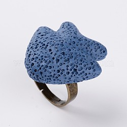 Bagues de doigt réglables en pierre de lave de poisson, avec les accessoires en laiton plaqués de platine, bleuet, 19mm