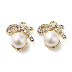 Alliage avec pendentifs en strass, avec abs imitation perle, breloques bowknot, or, 18.5x18x10mm, Trou: 2.5mm