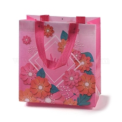 Многоразовые складные подарочные пакеты из нетканого материала с цветочным принтом на День матери и ручкой, портативная водонепроницаемая сумка для покупок для упаковки подарков, прямоугольные, ярко-розовый, 11x21.5x23 см, fold: 28x21.5x0.1cm