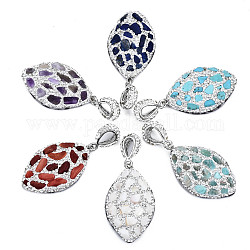 Polymer Clay Rhinestone Pendants, with Gemstone Chip/Natural Shell Chip and PU Leather, Horse Eye, Platinum, PP12(1.8~1.9mm), 41~42x25x6~7mm,  Hole: 9x5mm