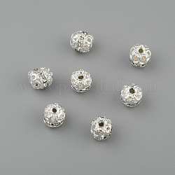 Perles de strass en laiton plaqué couleur argent, clair, ronde, environ 8 mm de diamètre, Trou: 1mm