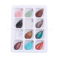 Natural & Synthetic Mixed Gemstone Pendants, with Brass Clasps, Teardrop, Mixed Color, 28x17x5mm, Hole: 6x2mm, 12pcs/box