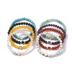 Stretch-Armbänder mit runden Perlen aus natürlichen und synthetischen Edelsteinen, Legierungs-Emaille-Herzarmband für Frauen, Innendurchmesser: 2-1/8 Zoll (5.4 cm)