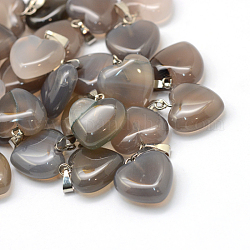 Coeur gris naturel agate pendentifs, avec les accessoires en laiton de tonalité de platine, 17~19x15~16x5~8mm, Trou: 2x7mm